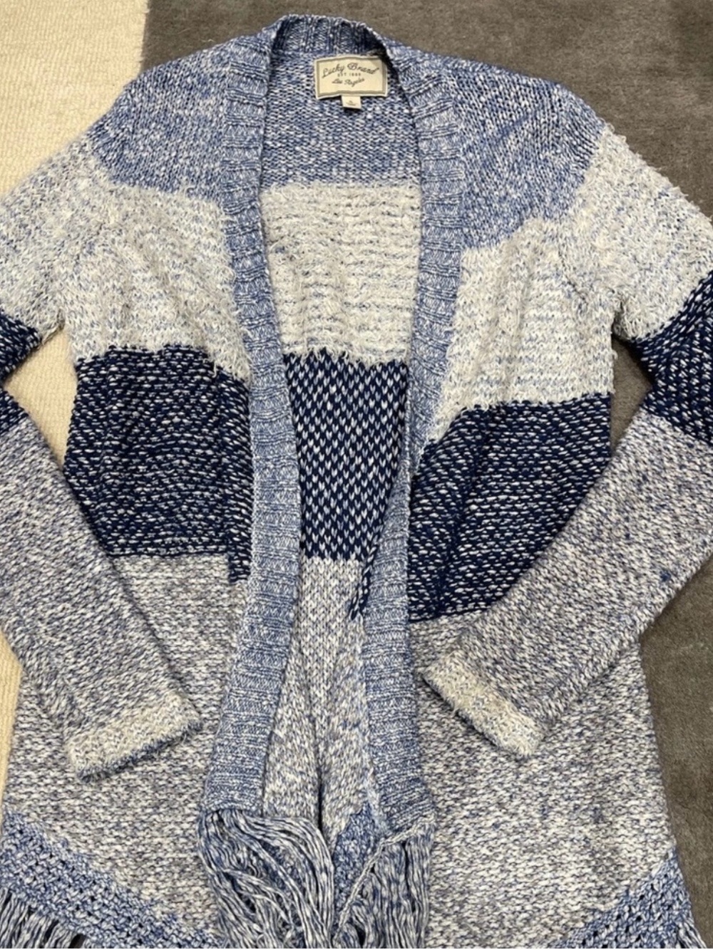 Lucky Brand Fringe Blue striped cotton boho Sweater